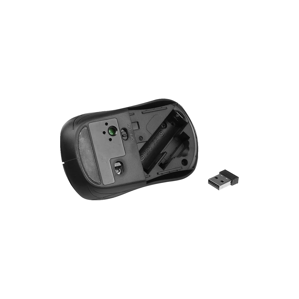 Unterseite einer schwarzen kabellosen Maus mit offenem Batteriefach und separat liegendem USB-Empfänger.