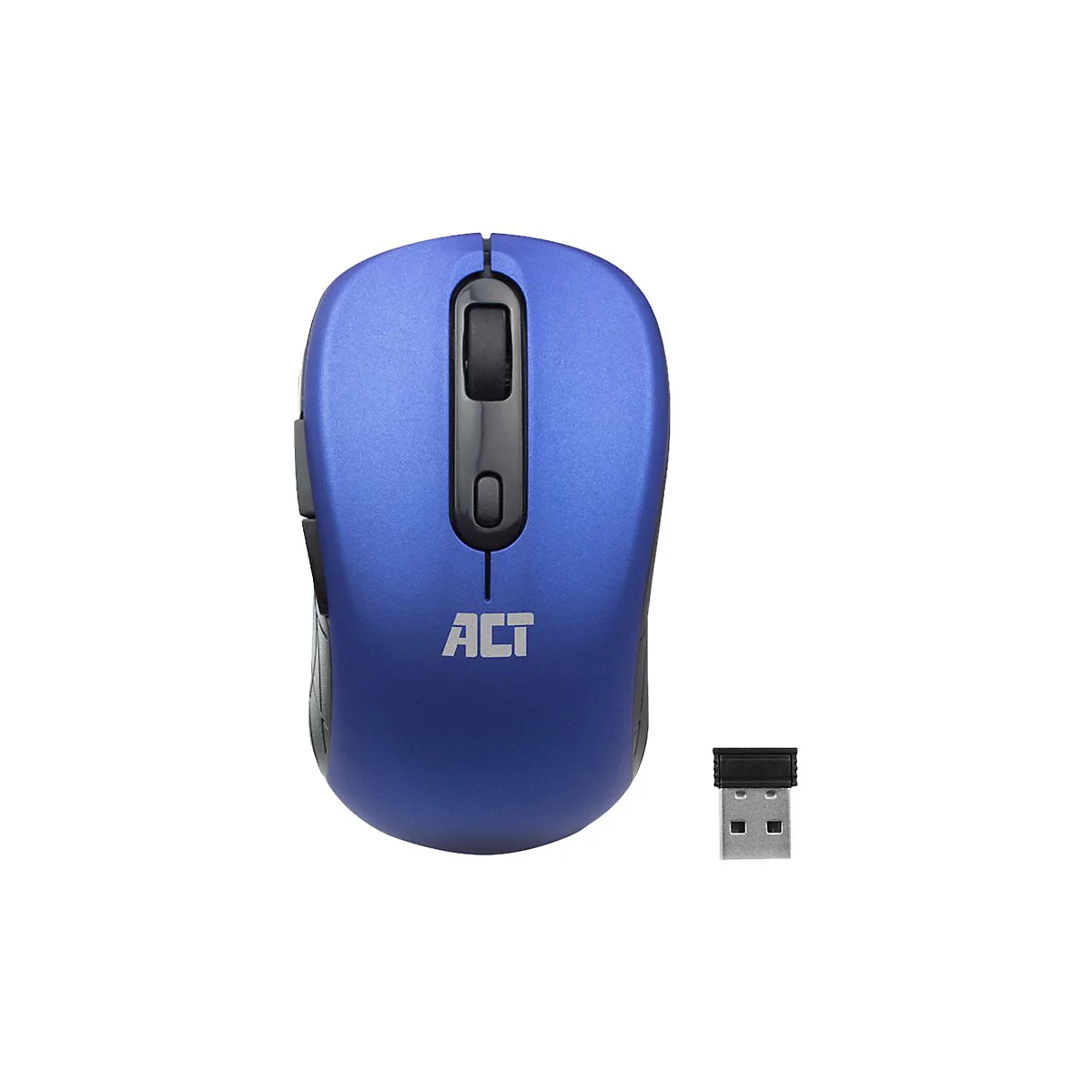 Drahtlose blaue Computermaus mit schwarzem Scrollrad und ACT-Logo sowie kleinem USB-Empfänger.