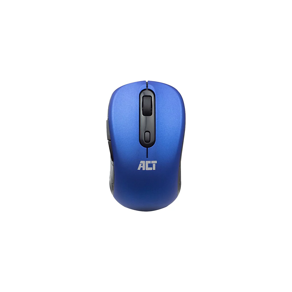Draufsicht auf eine blaue ACT Computer-Maus mit schwarzem Scrollrad und Logo auf weißem Hintergrund.