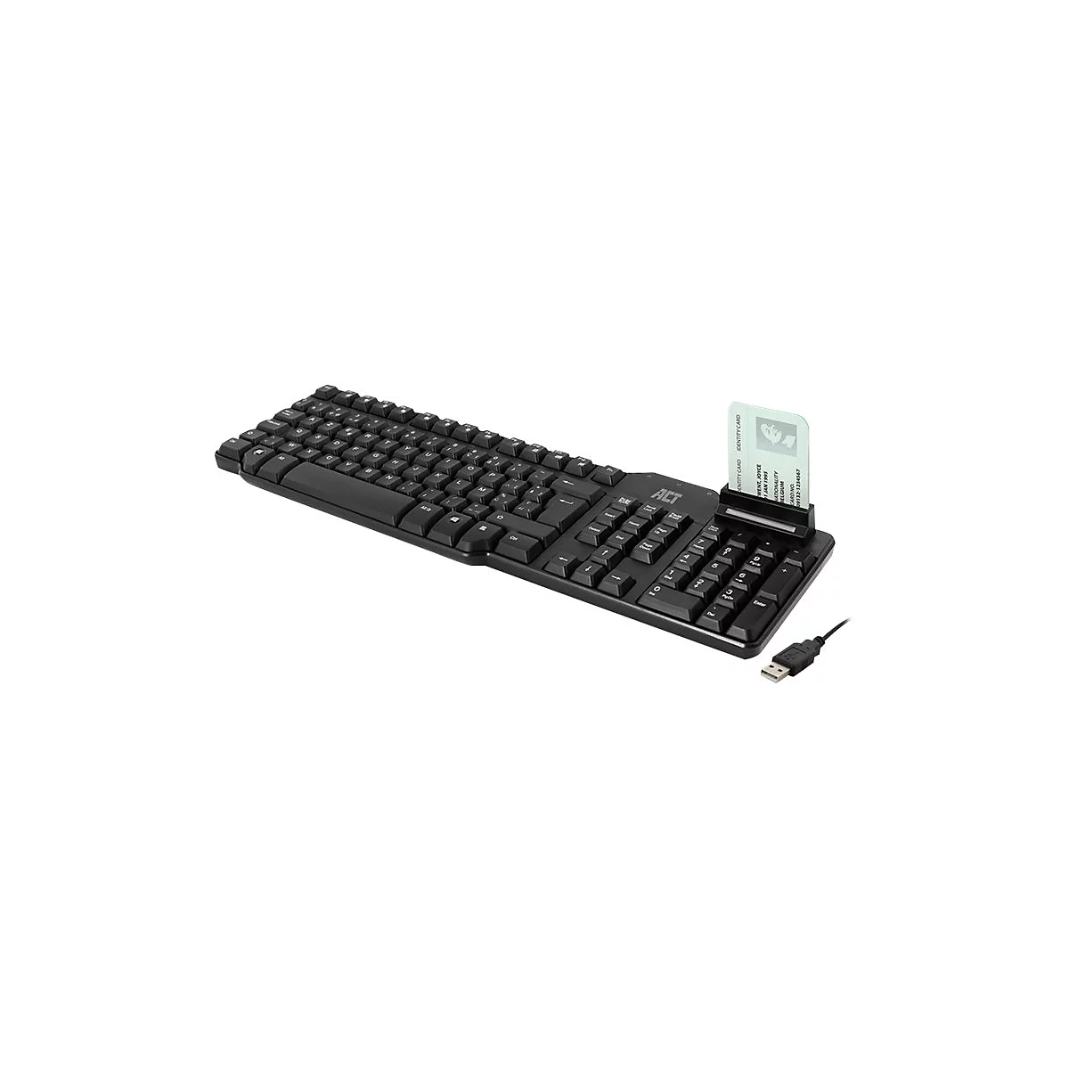 Schwarze Tastatur mit integriertem Smartcard-Leser und eingesteckter Ausweiskarte vor weißem Hintergrund.