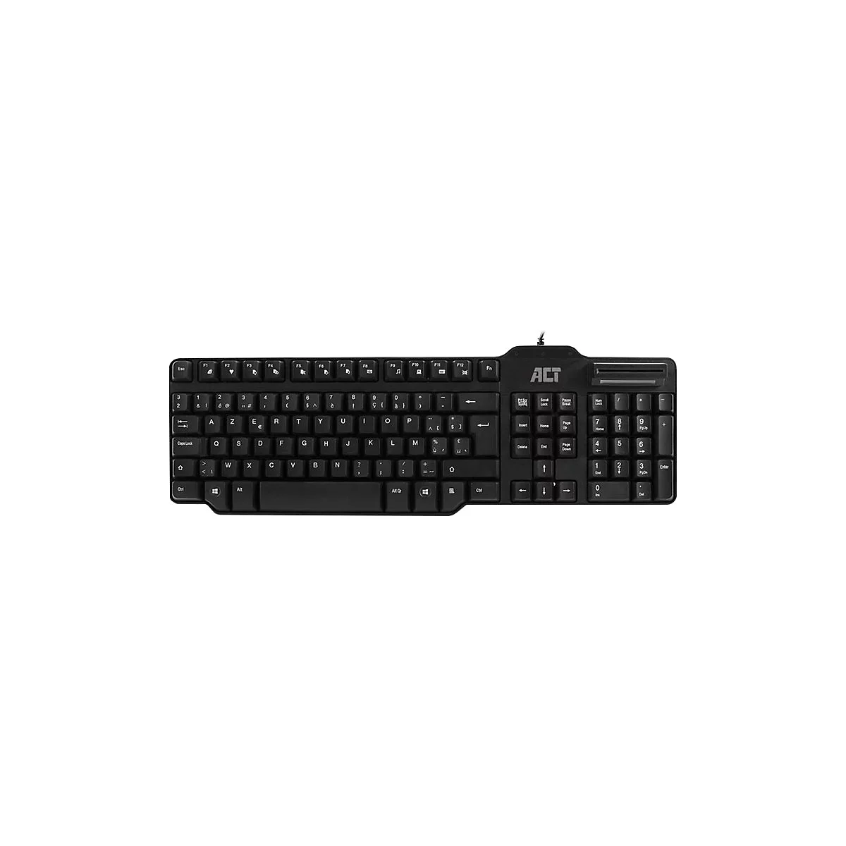 Schwarze AZERTY-Tastatur von ACT mit integriertem Chipkartenleser auf weißem Hintergrund.