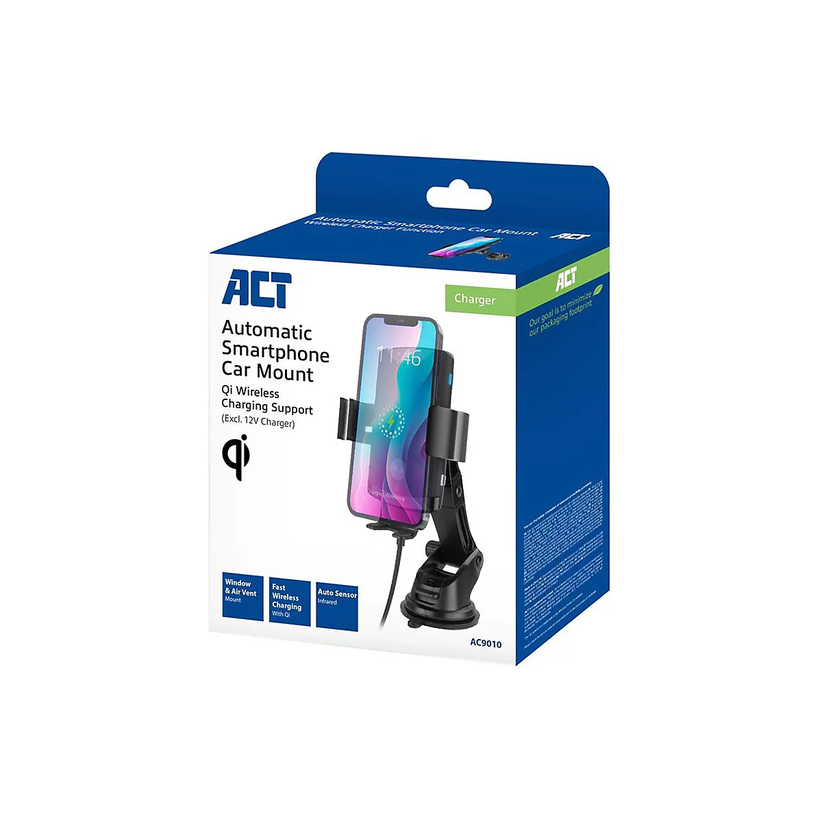 Produktverpackung eines ACT automatischen Smartphone-Auto-Halters mit Qi-Wireless-Ladefunktion.