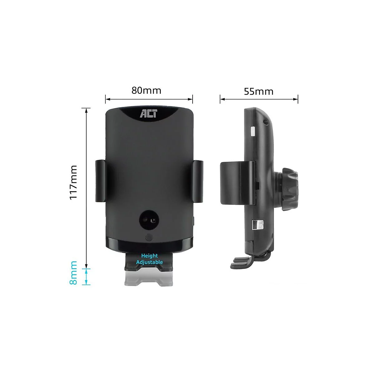 Schwarze Smartphone-Halterung von vorne und der Seite mit Maßangaben in mm und Höhenverstellung.