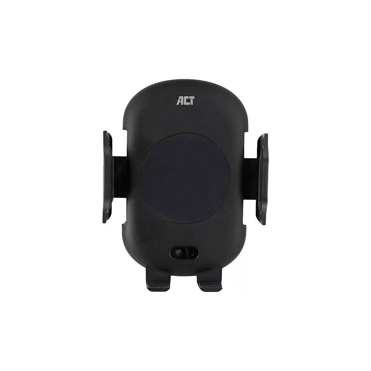 Schwarze, automatische Smartphone-Halterung für das Auto mit ACT-Logo.