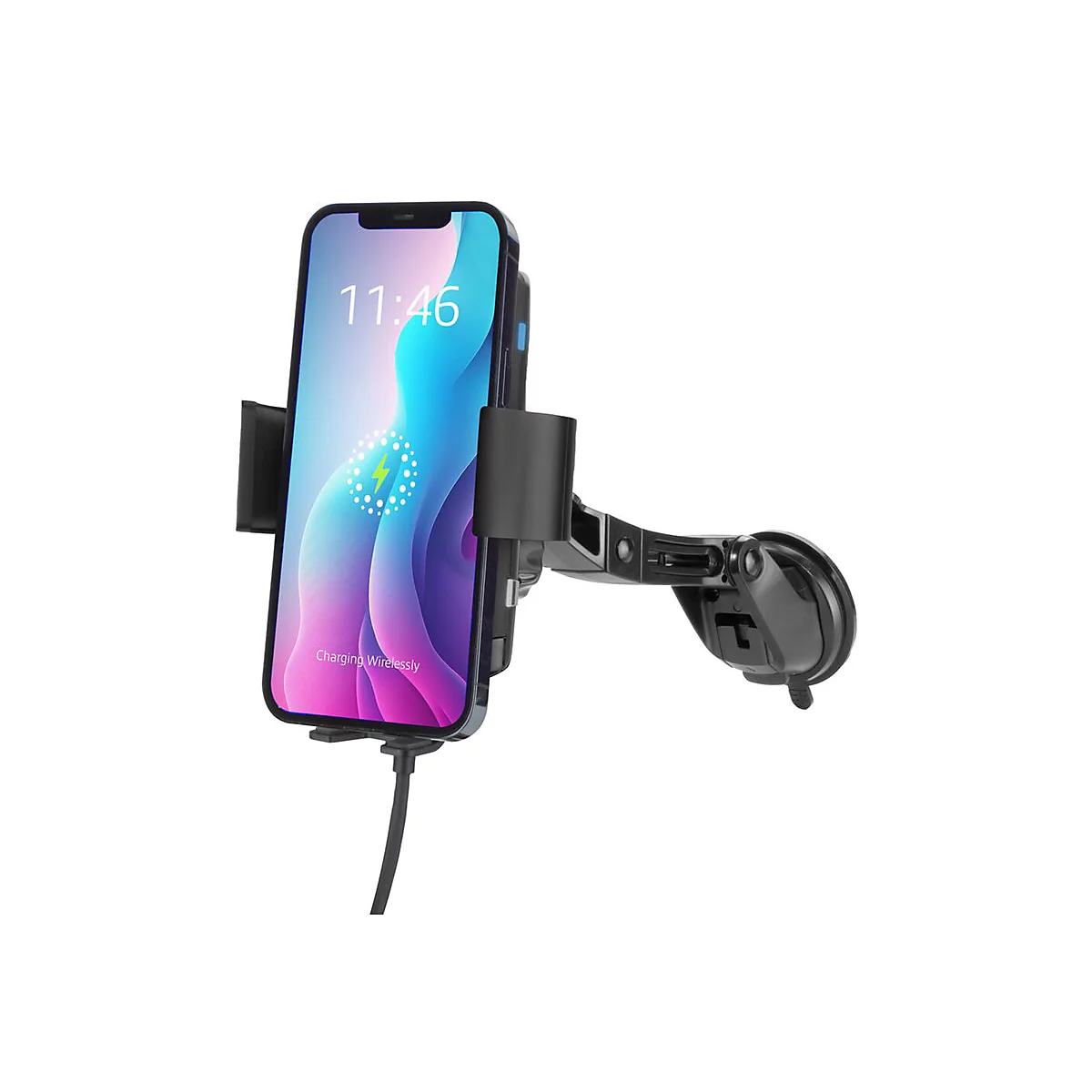 Smartphone in einer schwarzen Kfz-Halterung mit kabelloser Ladefunktion vor weißem Hintergrund.