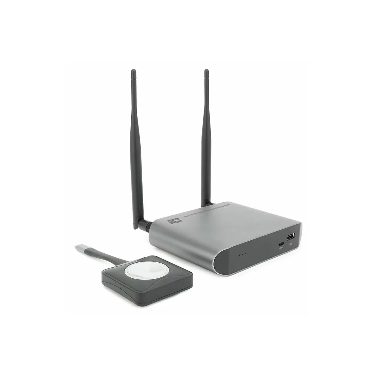 Graue Basisstation mit zwei Antennen und ein flacher, quadratischer Presenter-Button mit USB-C-Stecker.