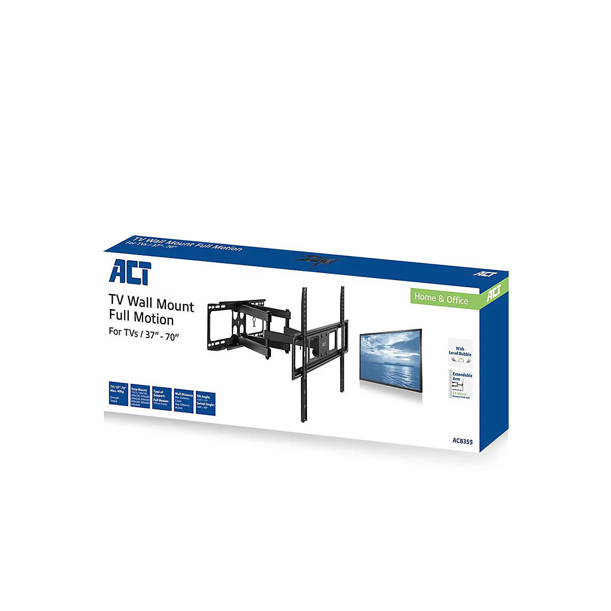 Verpackung der schwenkbaren ACT TV-Wandhalterung für Fernseher von 37 bis 70 Zoll auf weißem Hintergrund.
