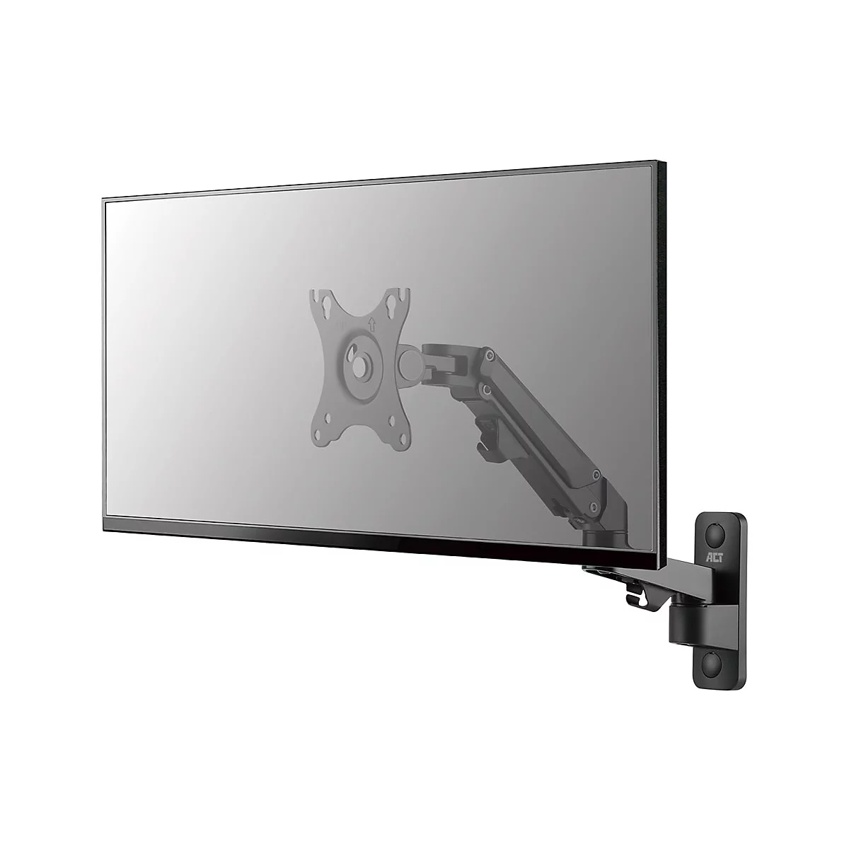 Schwarze Wandhalterung für Monitore mit schwenkbarem Arm, seitlich an einem Monitor montiert.