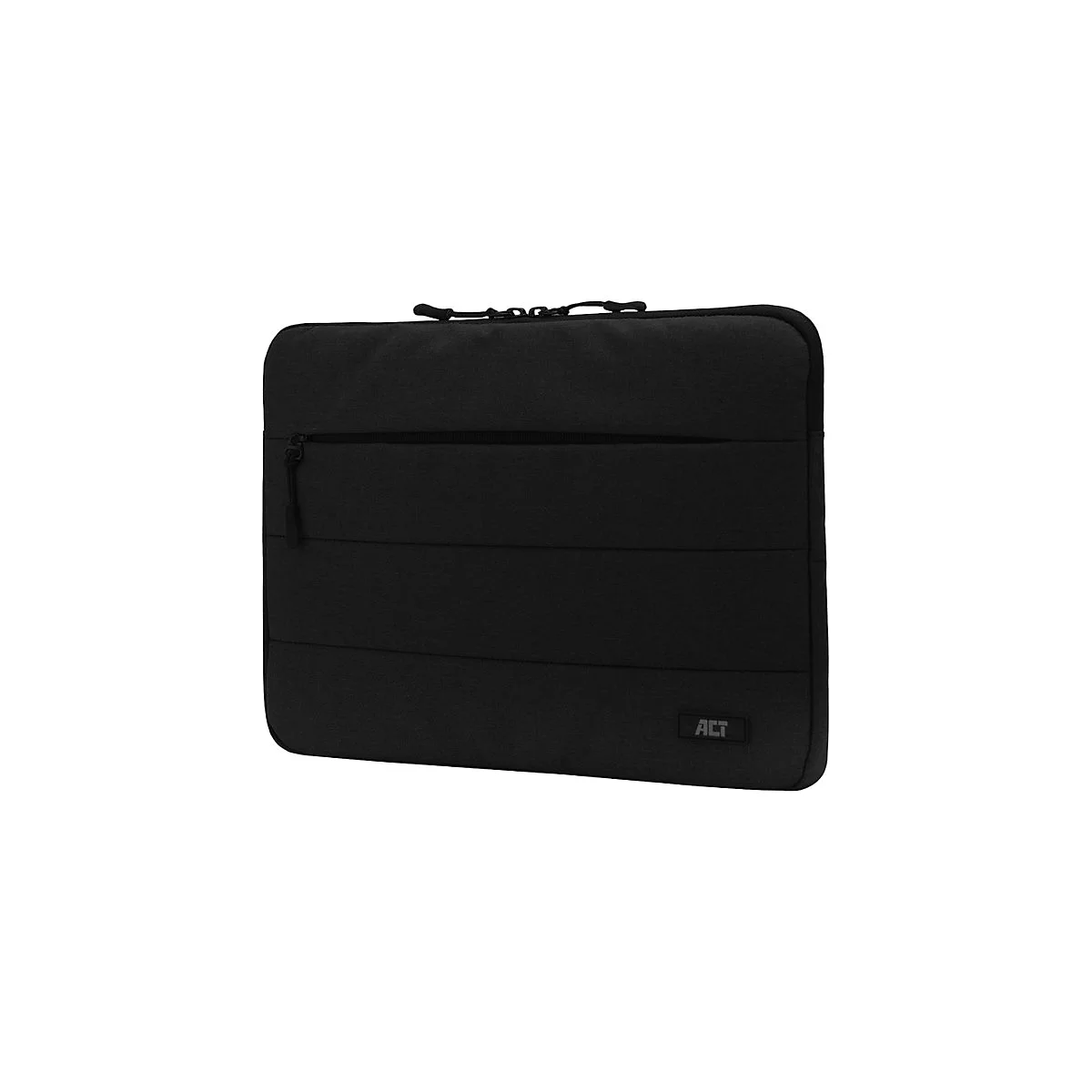 Schwarze Laptoptasche mit Reißverschluss und ACT-Logo auf weißem Hintergrund.