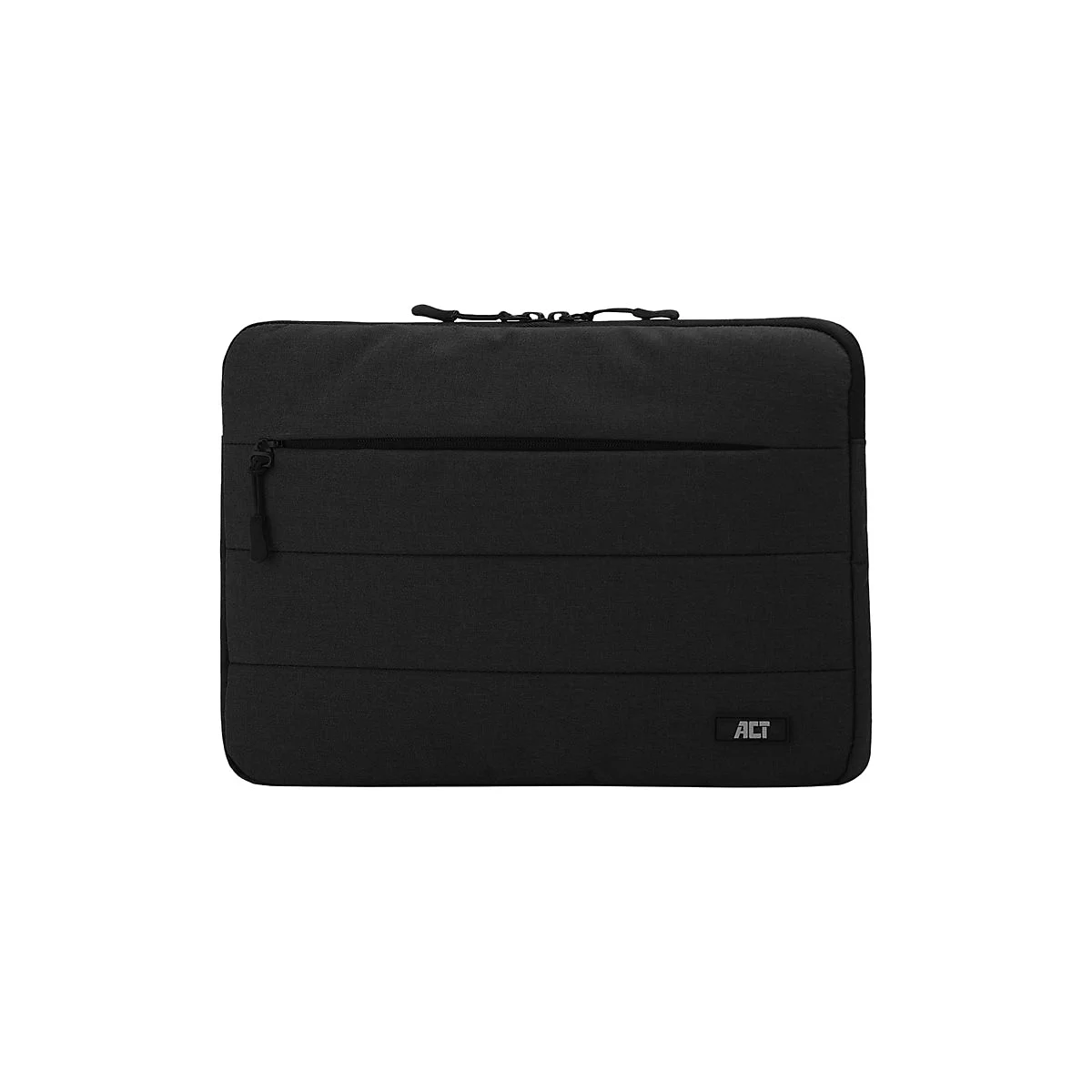 Schwarze Laptoptasche mit Reißverschluss und ACT-Logo auf weißem Hintergrund.