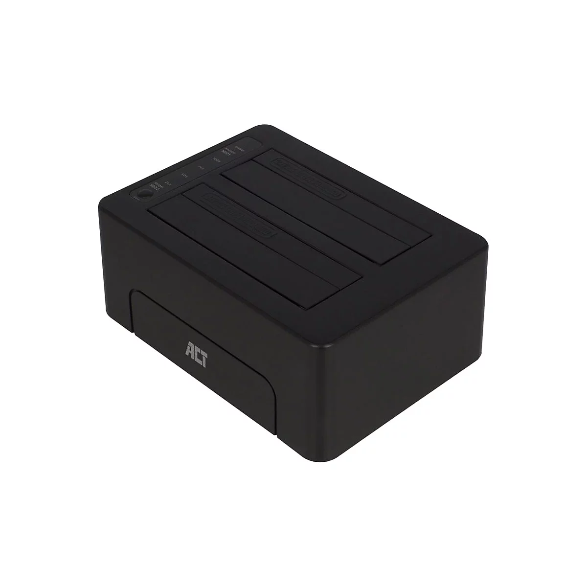 Schwarze Dockingstation für zwei Festplatten vor weißem Hintergrund mit ACT-Logo und Status-LEDs.