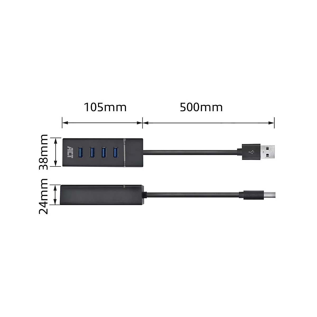 Technisches Diagramm eines USB-Hubs mit Maßangaben für Länge und Breite sowie Kabel.