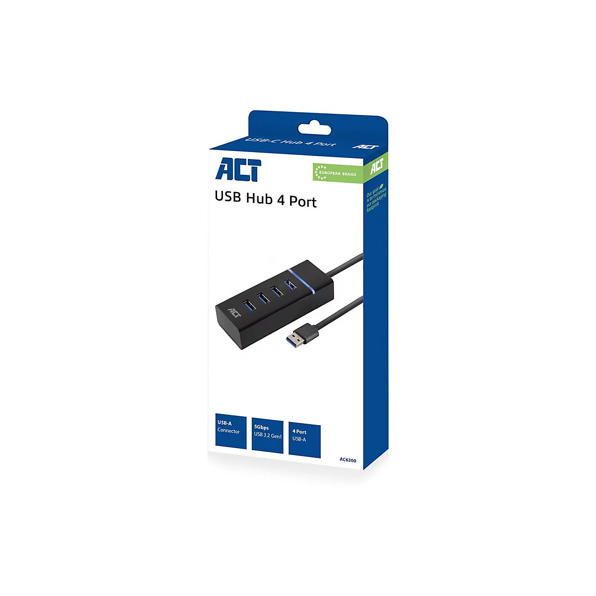 Verpackung des schwarzen ACT USB 3.2 Hubs mit 4 Anschlüssen auf weißem Hintergrund.