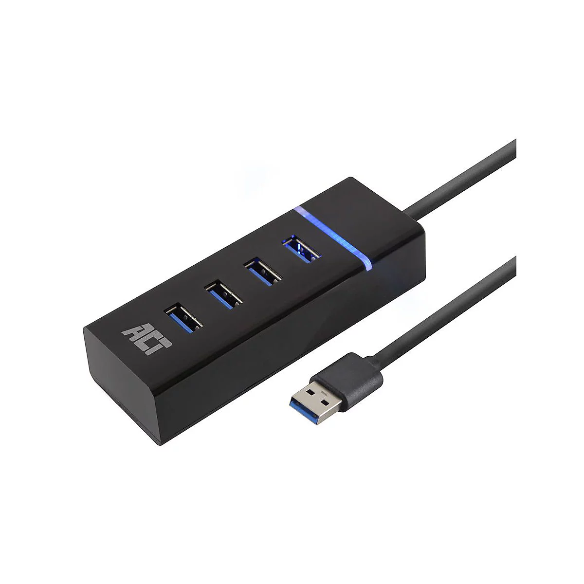 Schwarzer 4-Port USB 3.0 Hub von ACT mit blau leuchtender Status-LED vor weißem Hintergrund.