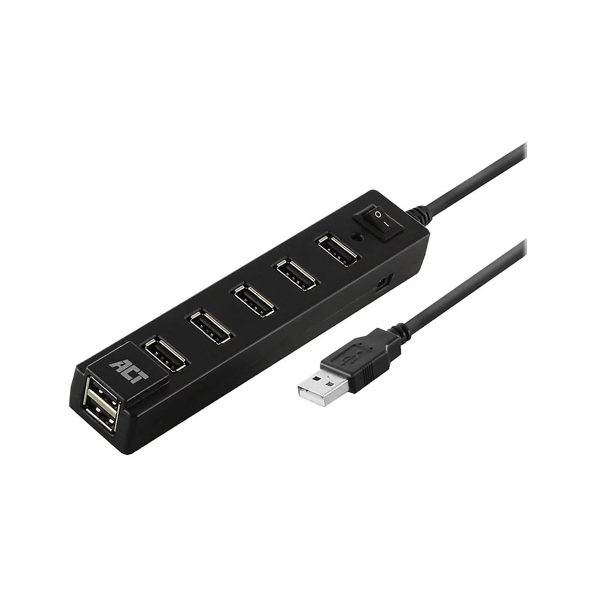Schwarzer 7-Port USB-Hub von ACT mit einzelnen Schaltern für jeden Anschluss vor weißem Hintergrund.