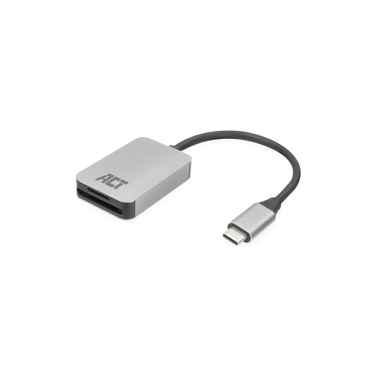 Silberner ACT USB-C-Kartenleser mit schwarzem Kabel und USB-C-Stecker vor weißem Hintergrund.