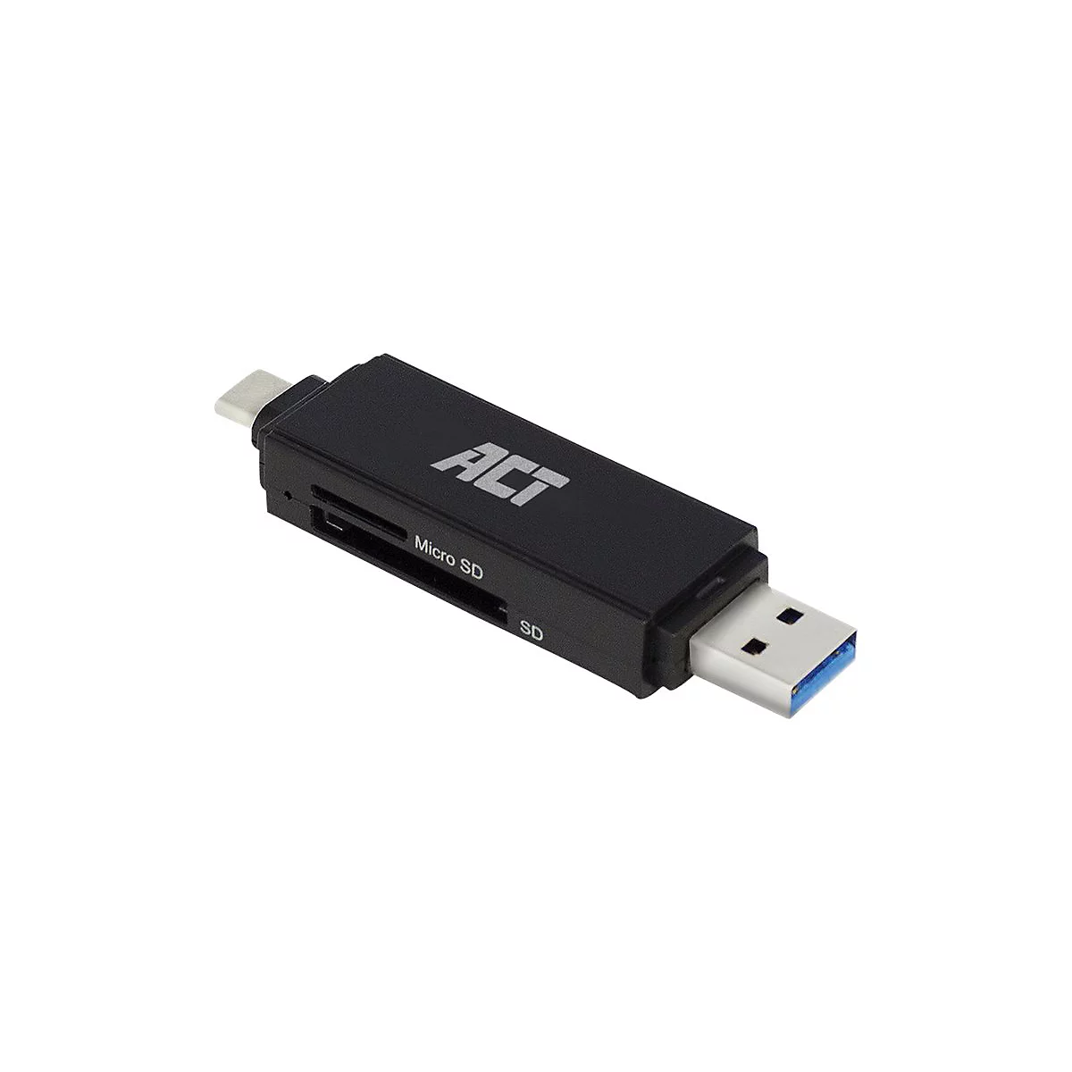 Schwarzer ACT USB-Kartenleser mit USB-A und USB-C Anschluss vor weißem Hintergrund.