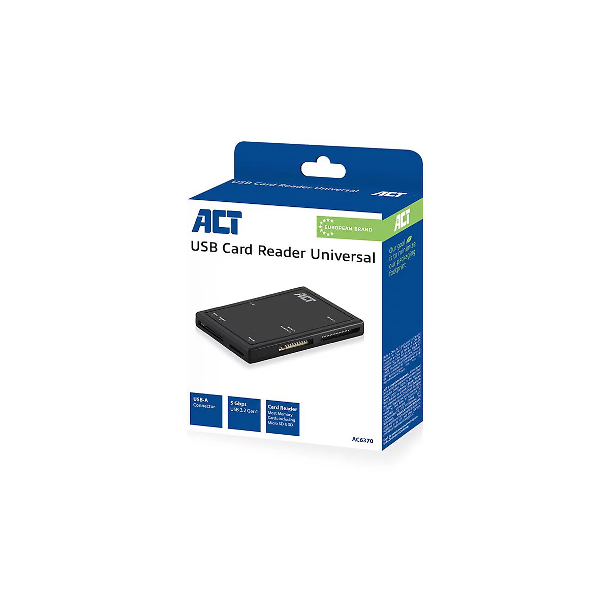 Produktverpackung eines schwarzen ACT USB Card Readers vor weißem Hintergrund.