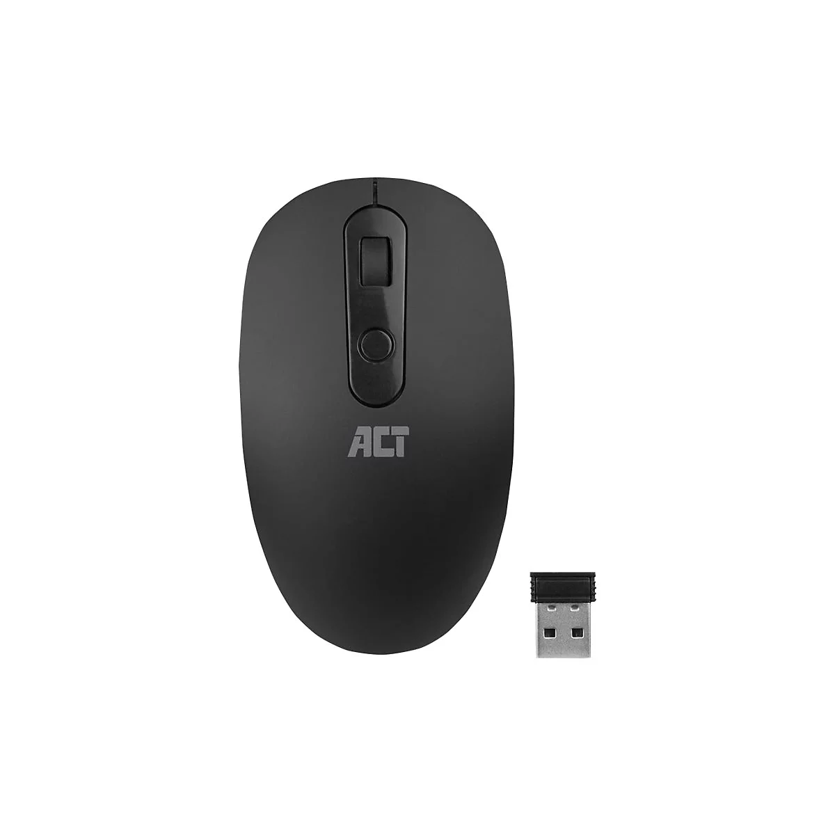 Schwarze kabellose Computermaus mit ACT Logo und zugehörigem USB-Empfänger auf weißem Hintergrund.