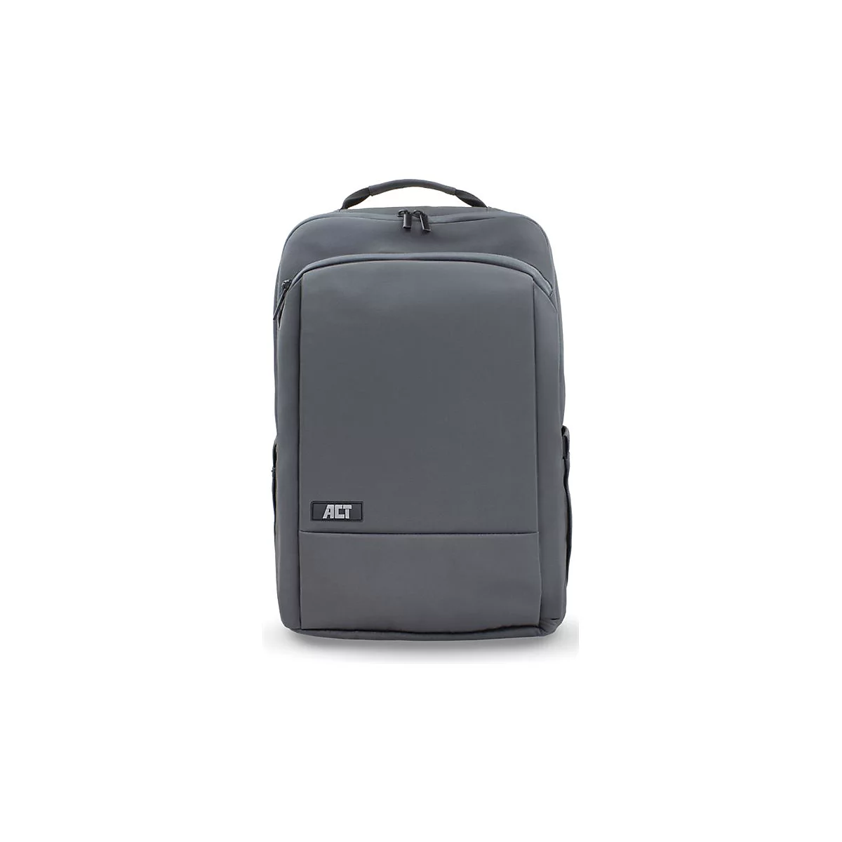 Grauer, schlichter Rucksack mit 'ACT'-Logo auf einer schwarzen Applikation vor hellem Hintergrund.