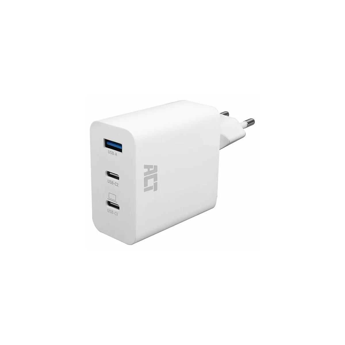 Weißes Wandladegerät mit drei Anschlüssen (USB-A, USB-C) und ACT-Logo auf weißem Hintergrund.