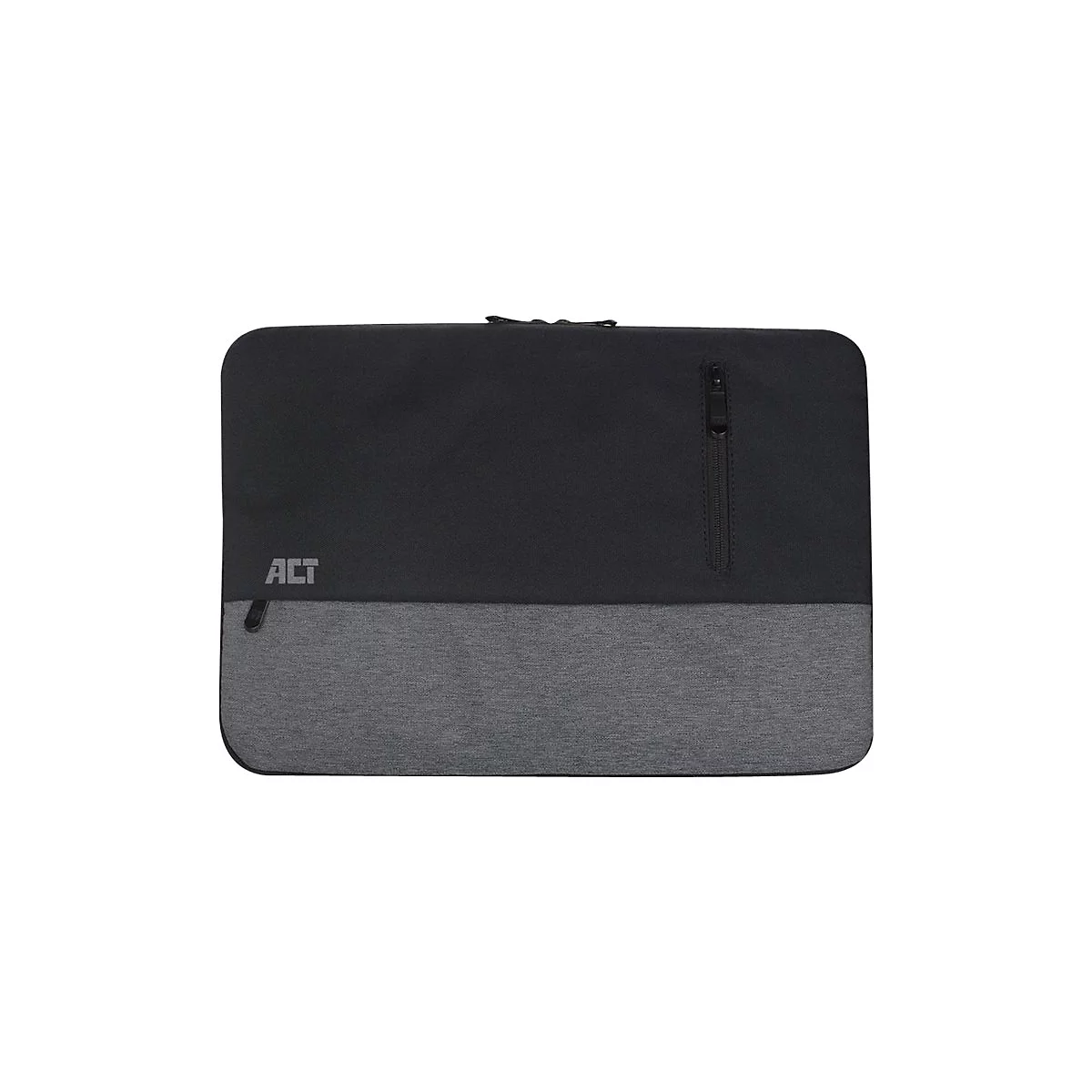 Flache, zweifarbige Laptop-Tasche in Schwarz und Grau mit Reißverschlussfach und ACT-Logo auf neutralem Hintergrund.
