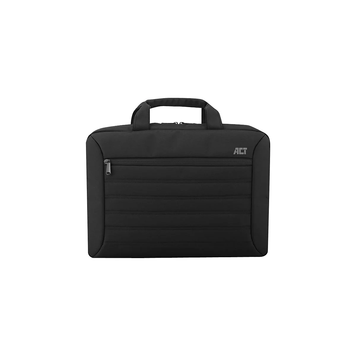 Schwarze Laptoptasche mit Tragegriff, horizontalen Steppnähten und ACT-Logo auf weißem Hintergrund.