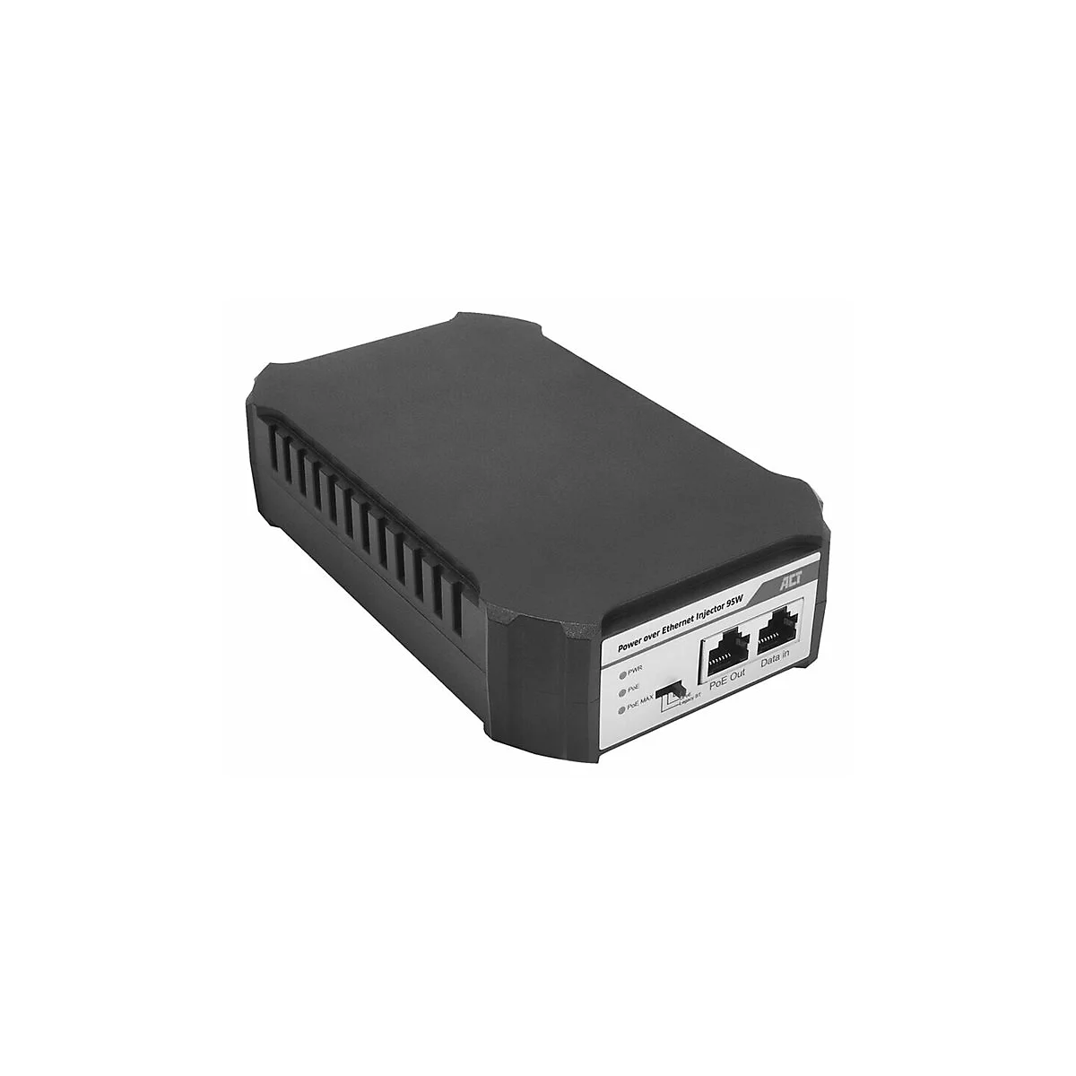 Schwarzer ACT Power over Ethernet Injektor 95W mit zwei Netzwerkanschlüssen und Status-LEDs auf weißem Grund.