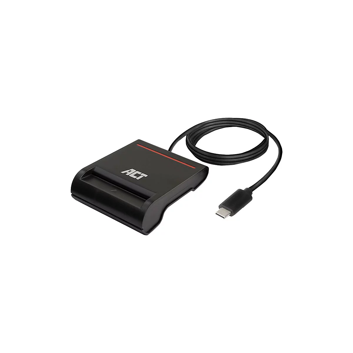 Schwarzes ACT-Smartcard-Lesegerät mit angeschlossenem USB-C-Kabel vor weißem Hintergrund.