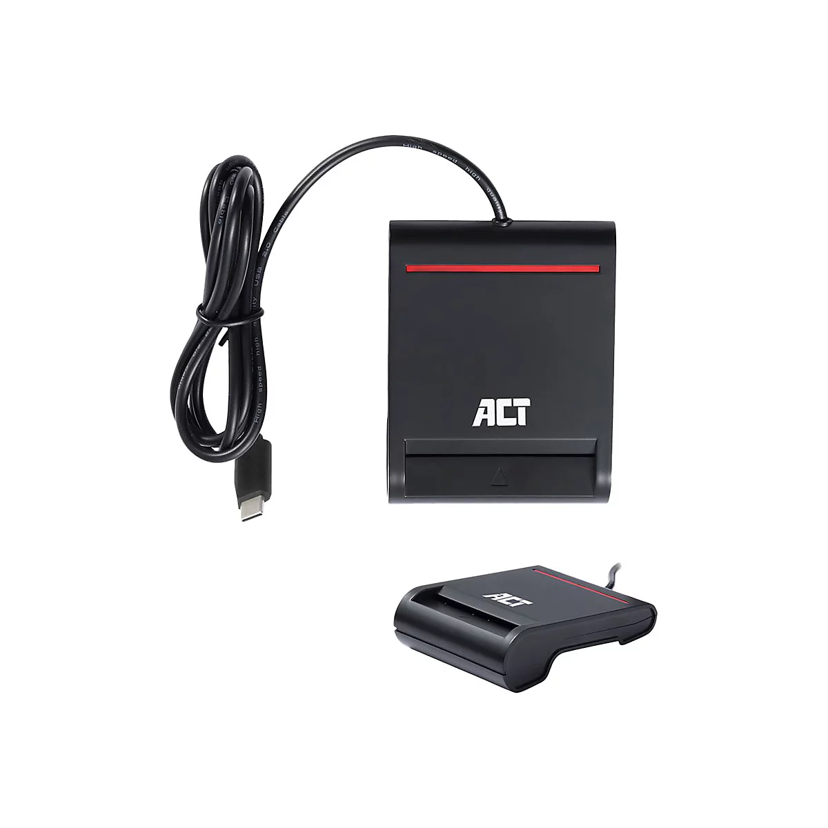 Schwarzes ACT Kartenlesegerät mit USB-C Kabel vor weißem Hintergrund.