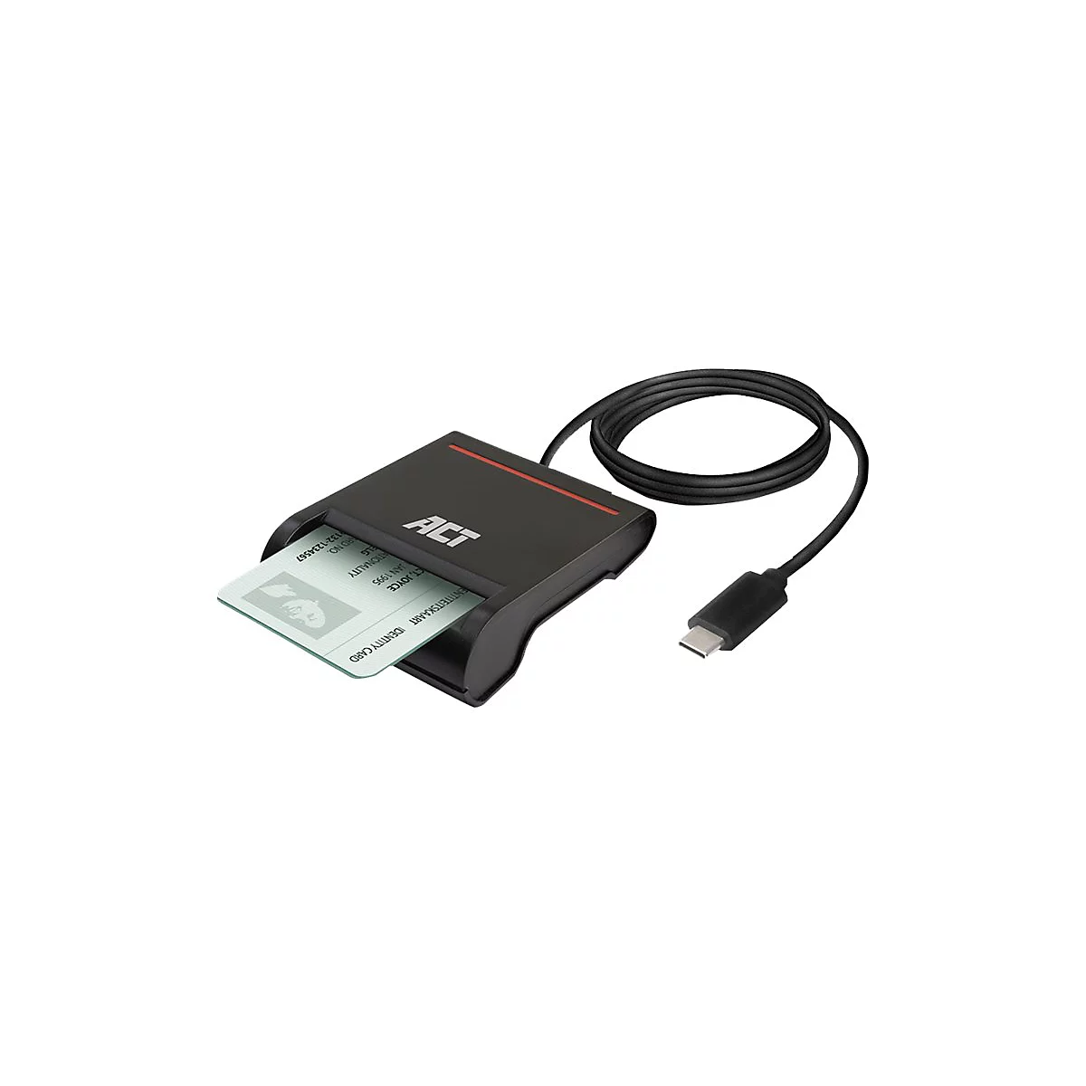 Schwarzes ACT-Smartcard-Lesegerät mit eingestecktem Personalausweis und schwarzem USB-C-Kabel auf weißem Grund.