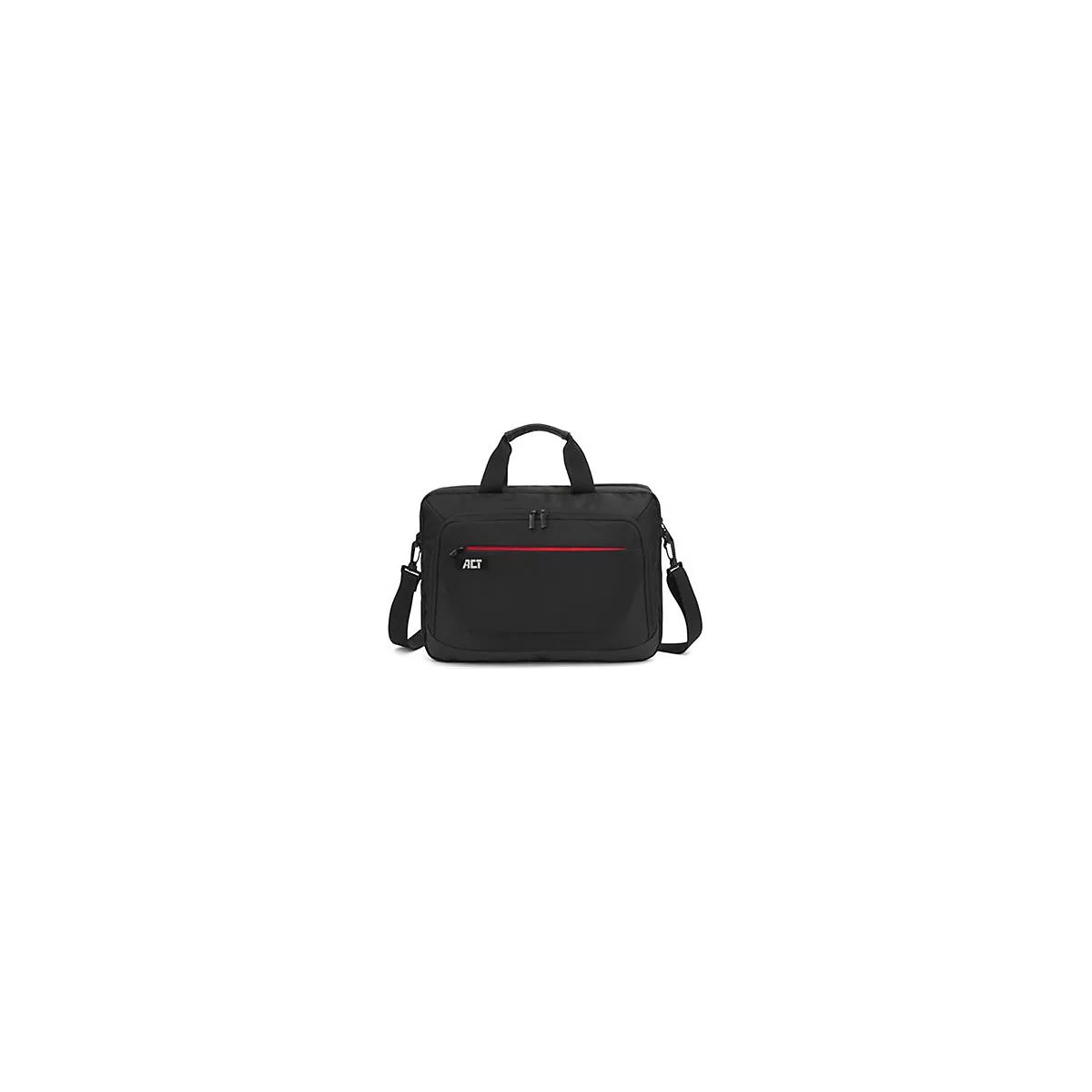 Schwarze Laptoptasche mit Tragegriffen, Schultergurt und rotem Reißverschluss-Akzent. Das ACT-Logo ist sichtbar.