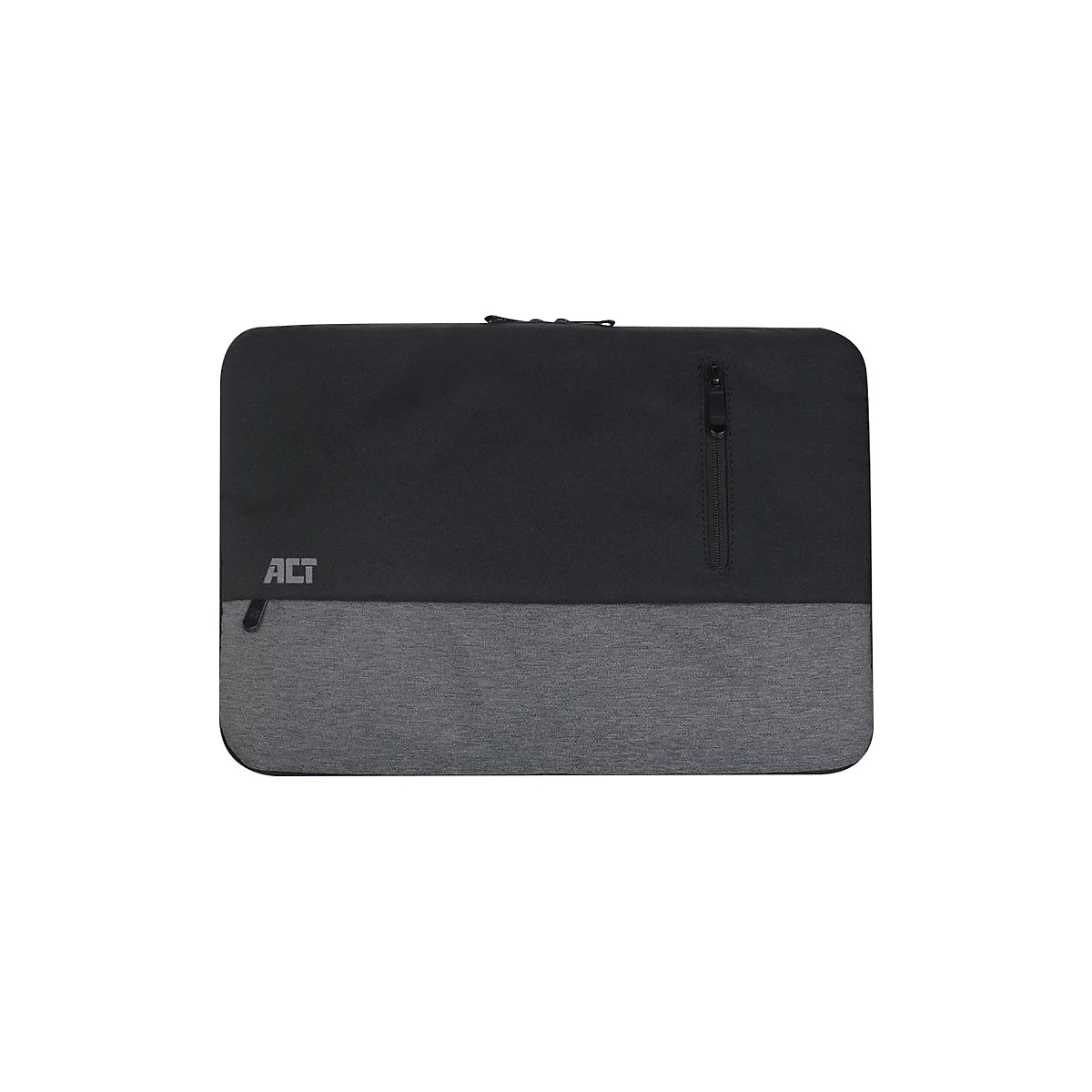 Schwarze Laptoptasche mit grauem Akzent und ACT-Logo vor weißem Hintergrund.
