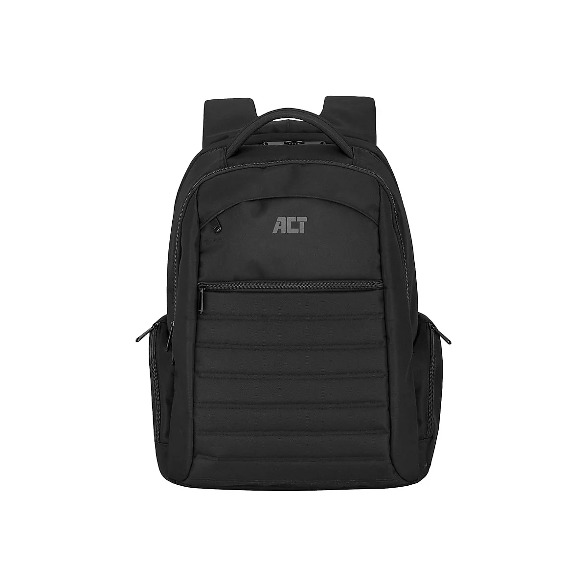 Schwarzer Rucksack mit ACT Logo, gepolsterte Fronttasche und Reißverschlüssen, vor weißem Hintergrund.