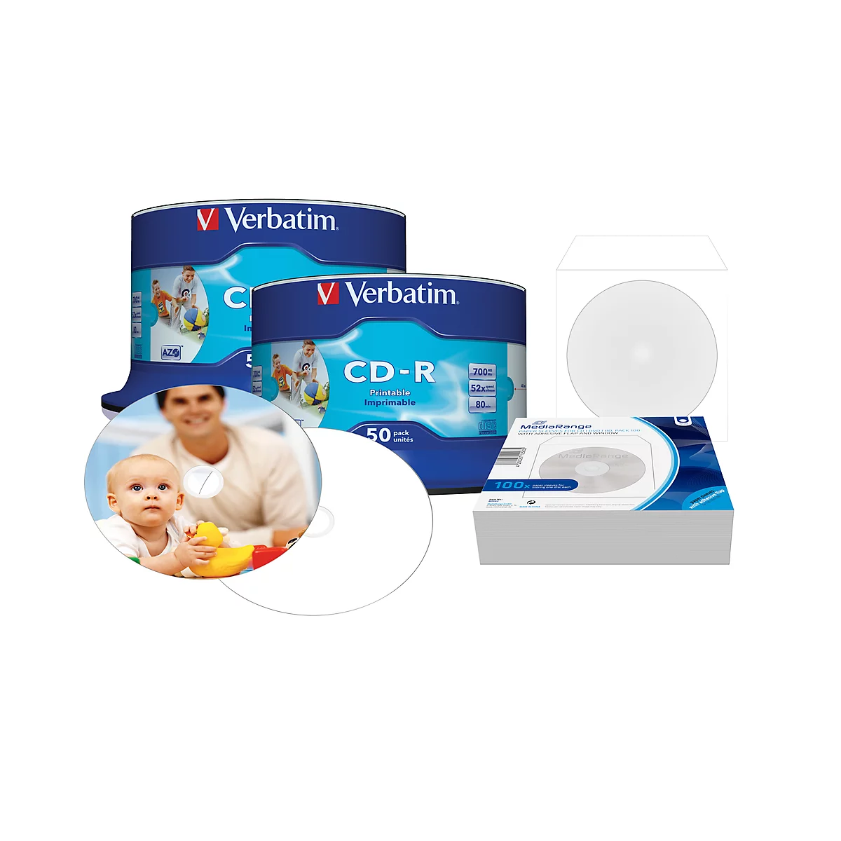 Actieset Verbatim CD-R AZO printable, 700 MB, spindel met 50 stuks 2-pack + 100 stuks papieren CD-hoezen