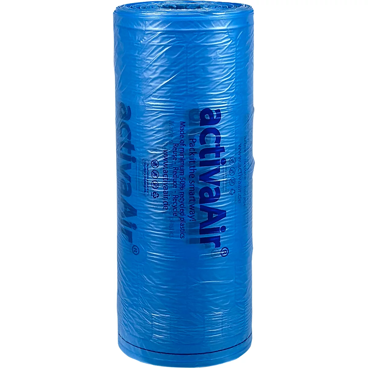 Sac poubelle en plastique bleu roulé, étiqueté "activa Air" avec des informations textuelles.