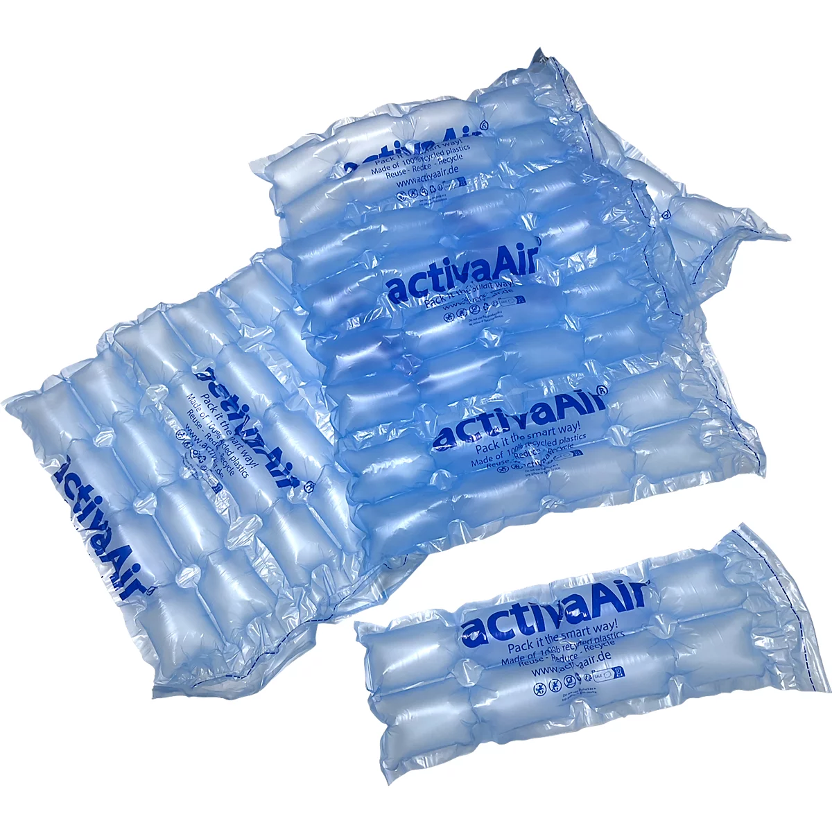 Plusieurs sacs bleus à bulles avec l'impression 'activaAir' sur fond blanc.