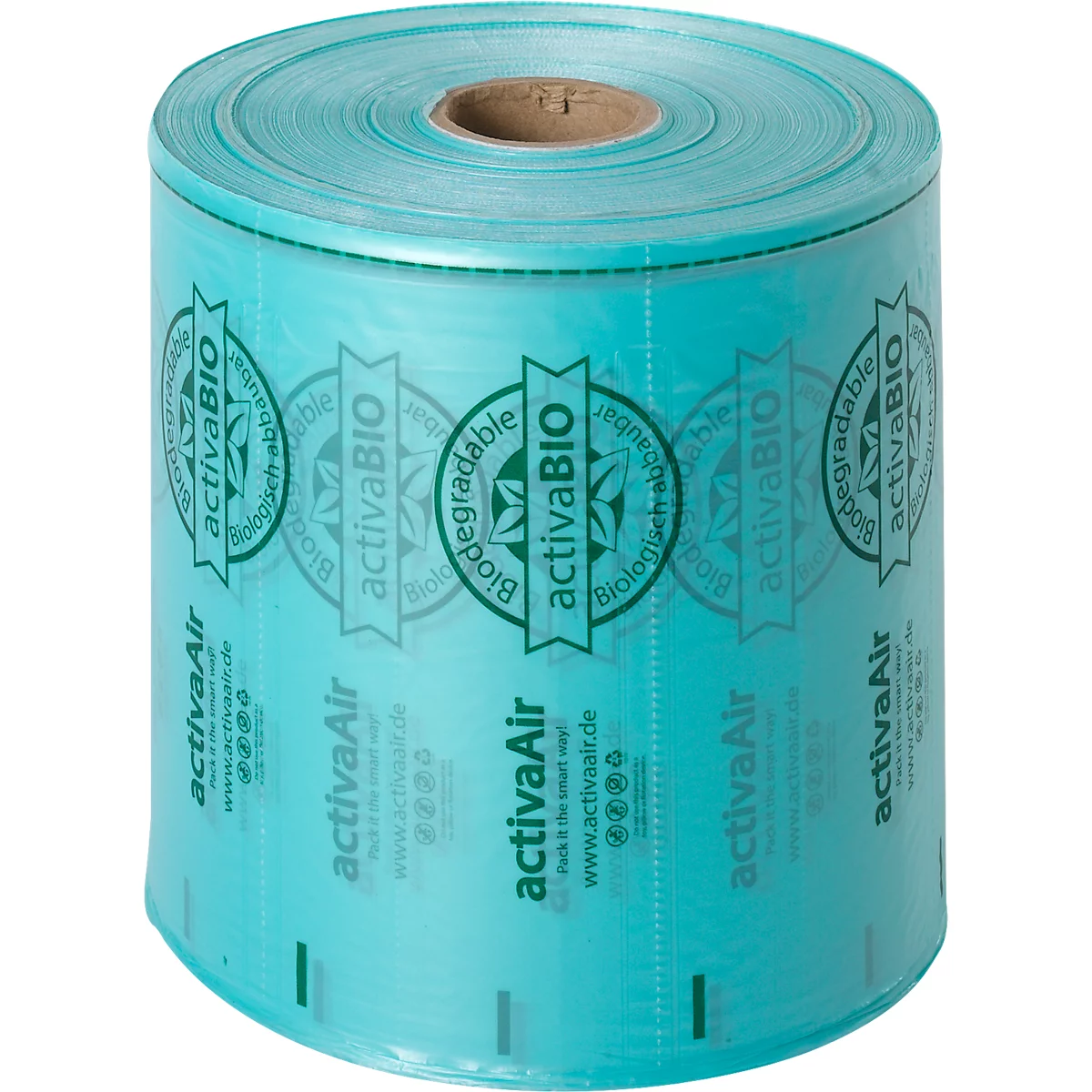 Rouleau de film bleu-vert avec plusieurs logos et lettrages répétés.