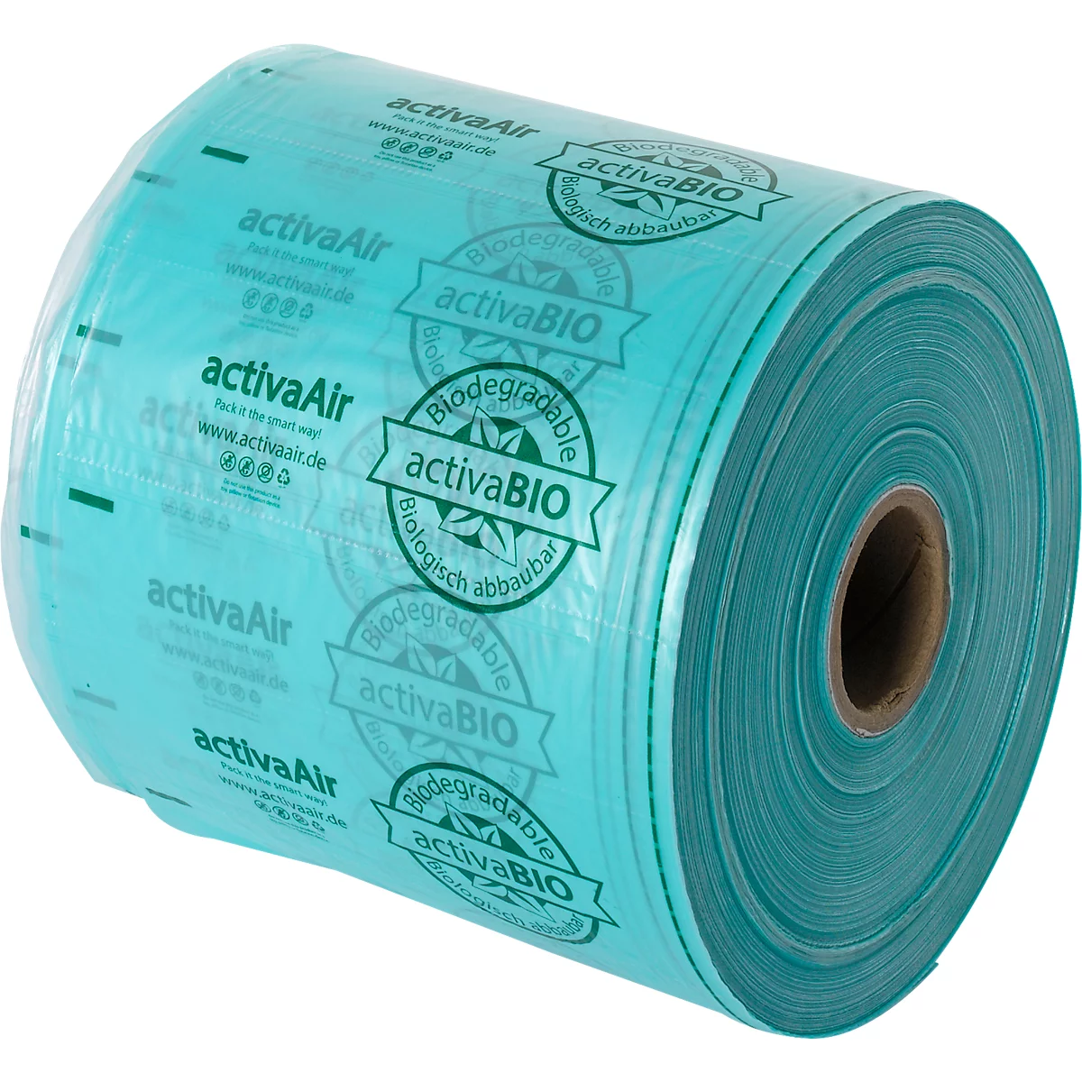 Rouleau de matériau transparent turquoise imprimé avec "activaAir" et "activaBIO".