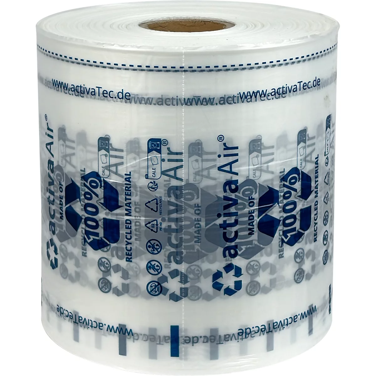 Rol transparante folie met opdrukken: "Activa Air", recyclingsymbolen, "100% Recycled Material", en websiteadres.