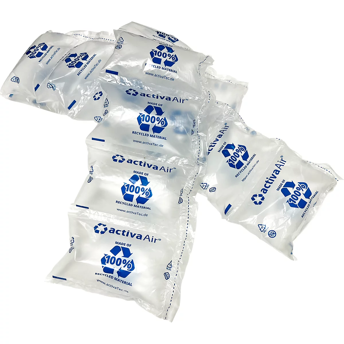 Transparante bubbeltjesplastic bedrukt met blauw logo en tekst, waaronder "100% gerecycled materiaal" en "activaAir."