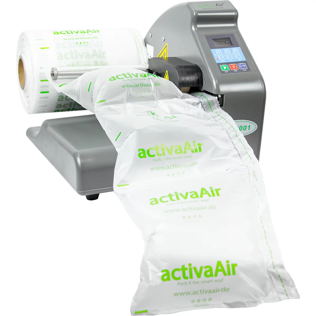 Maschine zur Herstellung von Luftkissen. Ein Rolle mit dem Aufdruck 'activaAir' wird verarbeitet.