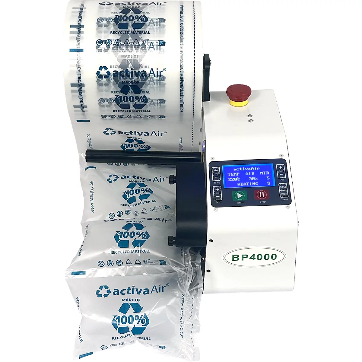 Eine Verpackungsmaschine, die mit einem Rollenmaterial aus recyceltem Material gefüllt ist. Auf dem Bedienfeld ist die Beschriftung "activa Air" zu sehen.