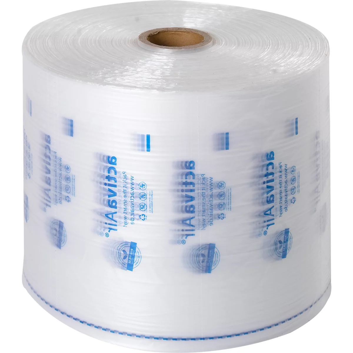 Rouleau de film transparent avec des impressions bleues. Inscription : ABVIJ36 et logo. Noyau en carton brun.