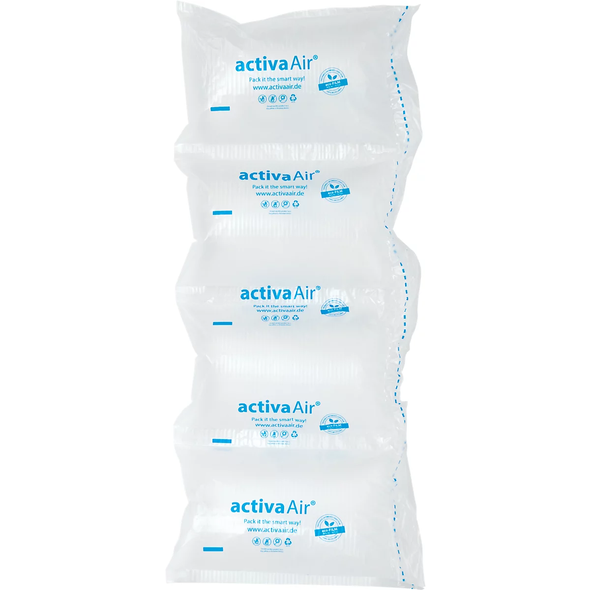 Cinq feuilles de papier bulle transparentes avec le texte bleu "activaAir".