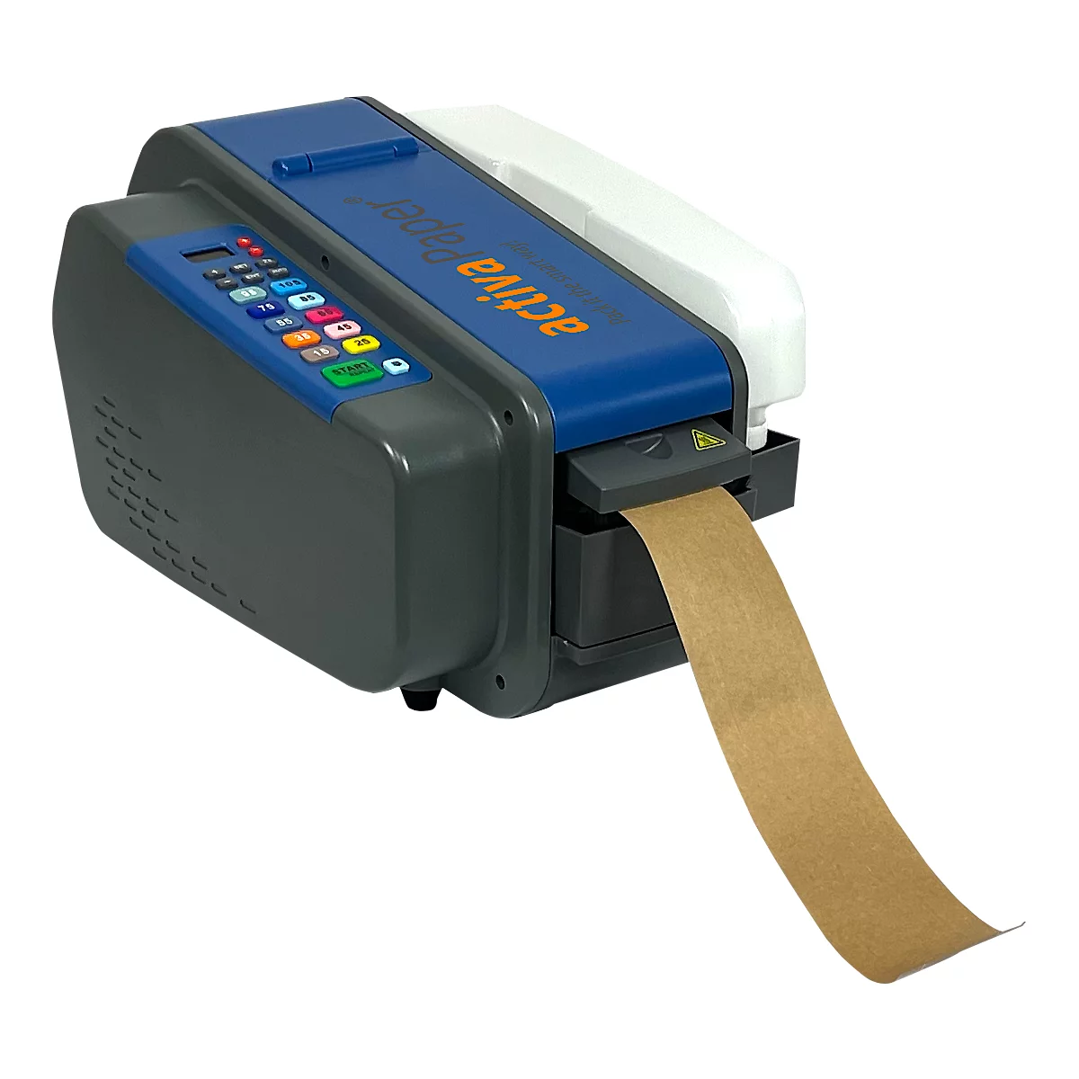 Blauer, grauer und weißer Klebebandabroller. Braunes Klebeband wird ausgegeben. Aufschrift: Activa Paper.