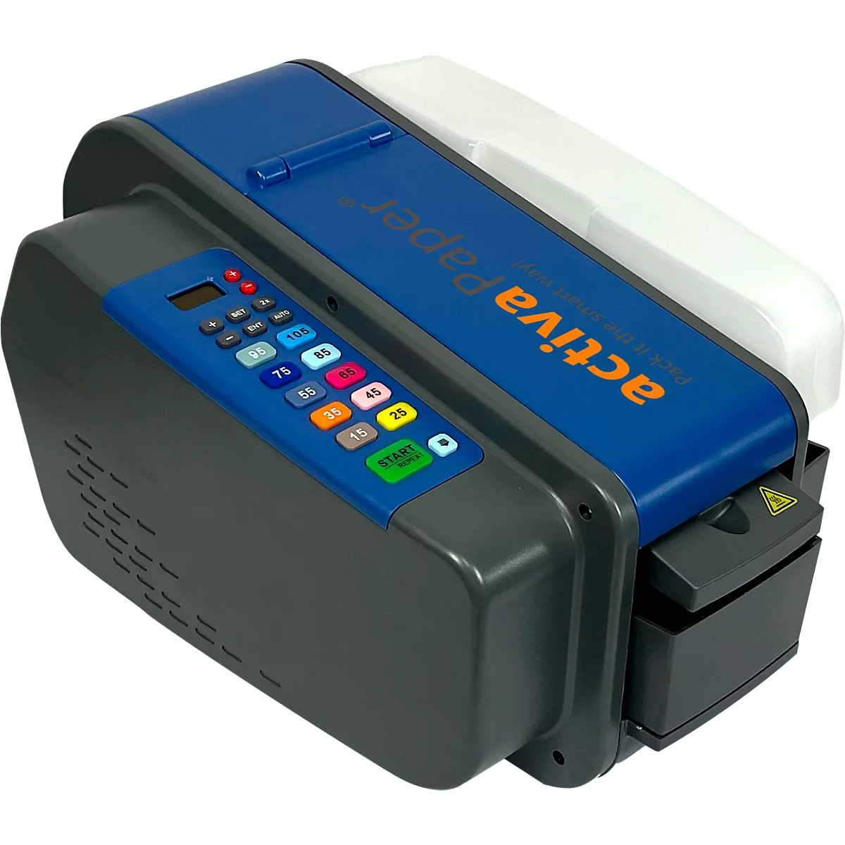 Blau-grauer Packbandabroller mit Bedienfeld und Knöpfen.