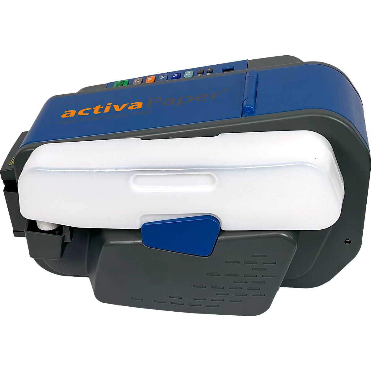 Blau-graues Gerät, mit weißer Klappe, auf dem "activa Paper+" steht.