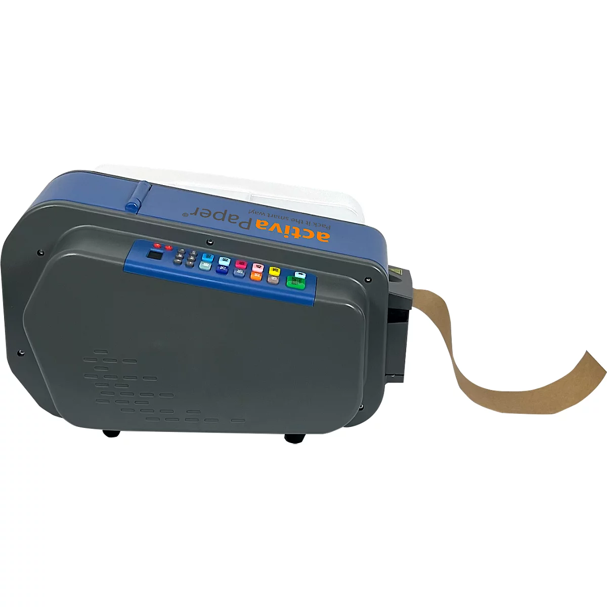 Ein graues Gerät zur Papierverarbeitung. Blaue und orangefarbene Details. Braunes Papierband kommt heraus.