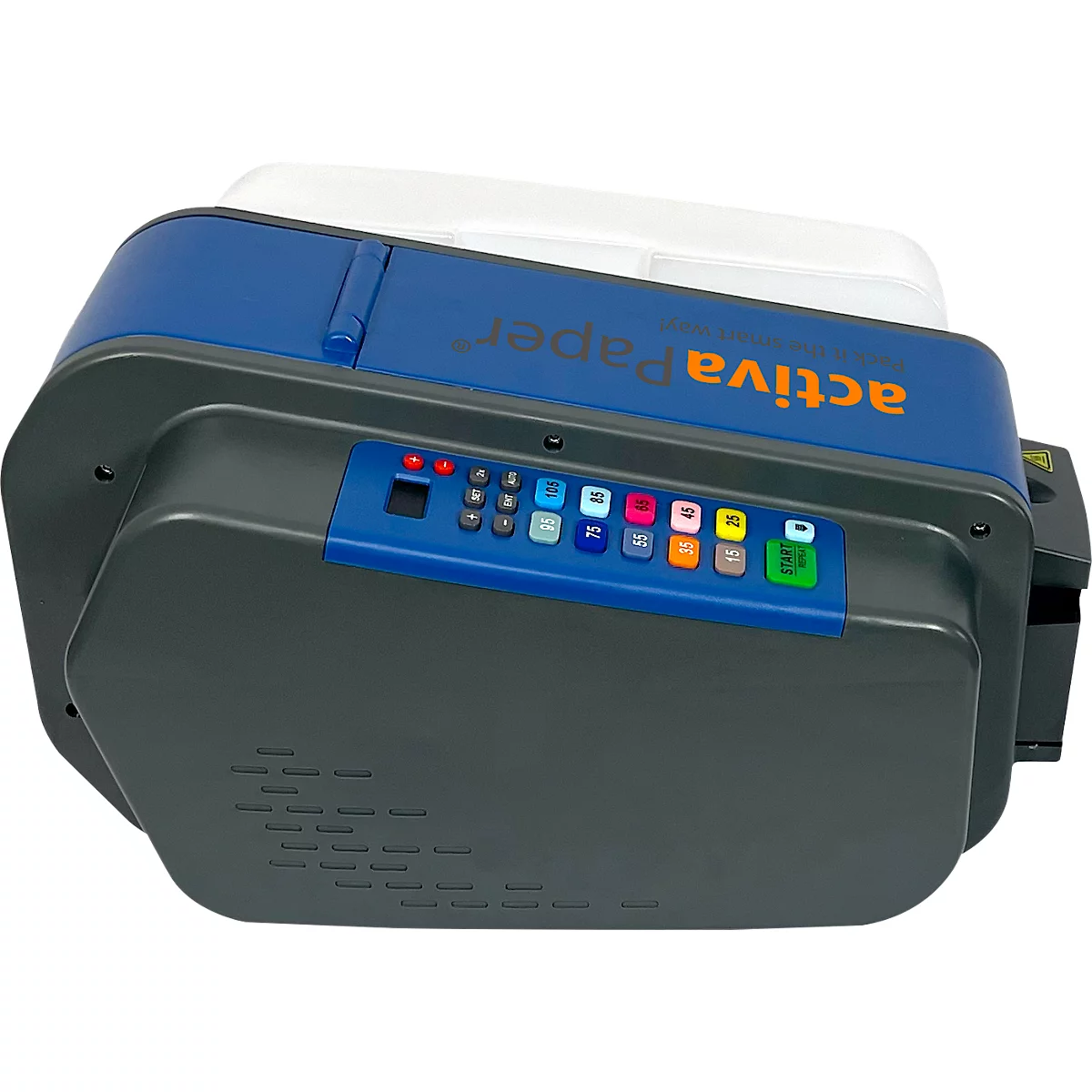 Detaillierte Ansicht eines Druckers, blau-grau, mit Bedienfeld und bunten Tasten. Schriftzug 'Activa Paper'.